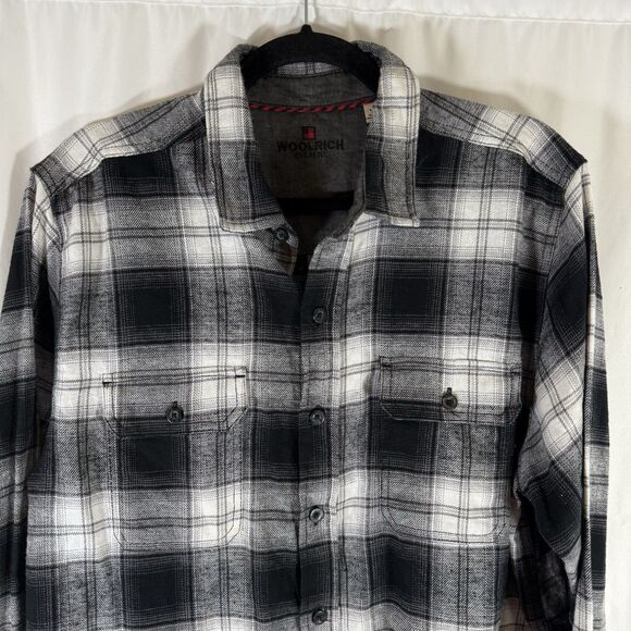 Woolrich Flannel Shirt Men's Large Black White Plaid Long Sleeve Pockets Collar - Picture 2 of 13